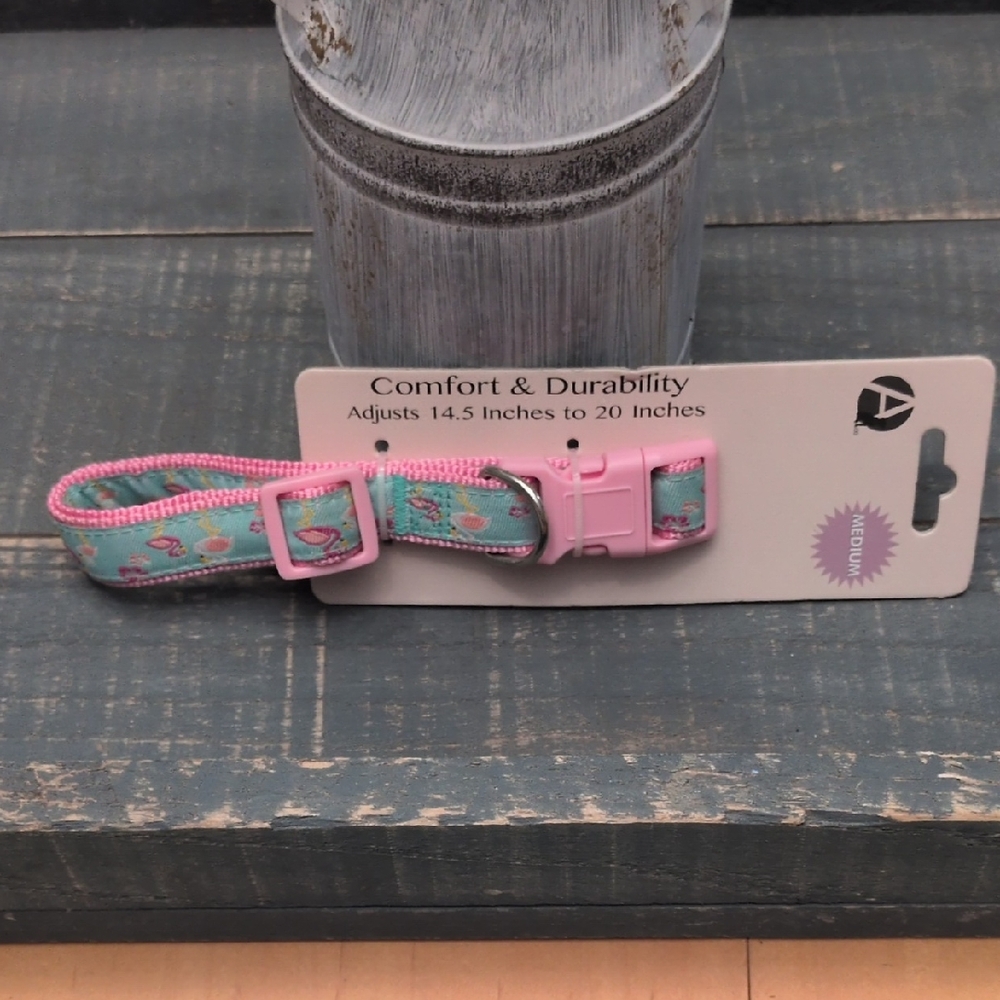 Adjustable Flamingo Pink and Blue Dog Collar